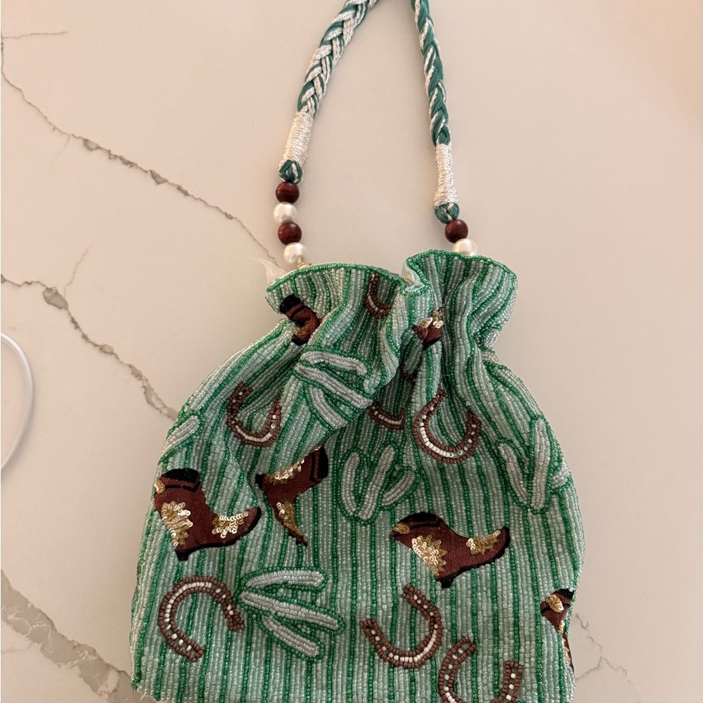 Green Beaded Drawstring Bag Cactus Cowboy